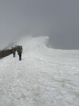 下山、嘉平与のボッチ(1,484.7m)手前　雄大な雪庇　ようやく霧が晴れだした